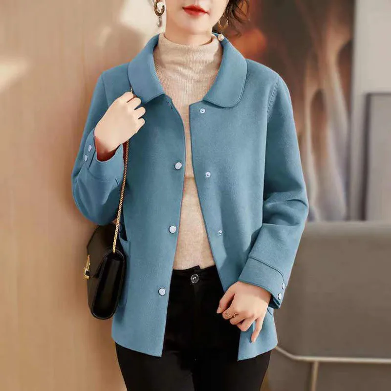 Middle-aged mother spring and autumn double-sided coat fashion middle-aged and elderly thin cashmere woolen top large size gown