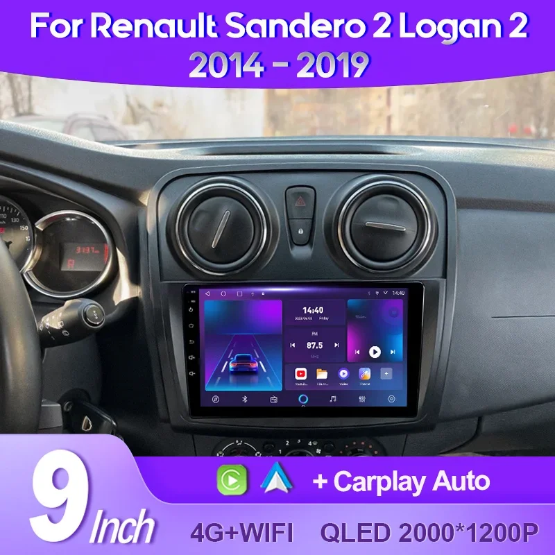 QSZN For Renault Sandero Logan 2 2014 - 2019 2K QLED Android 13 Car Radio Multimedia Video Player GPS AI Voice CarPlay 4G Stereo