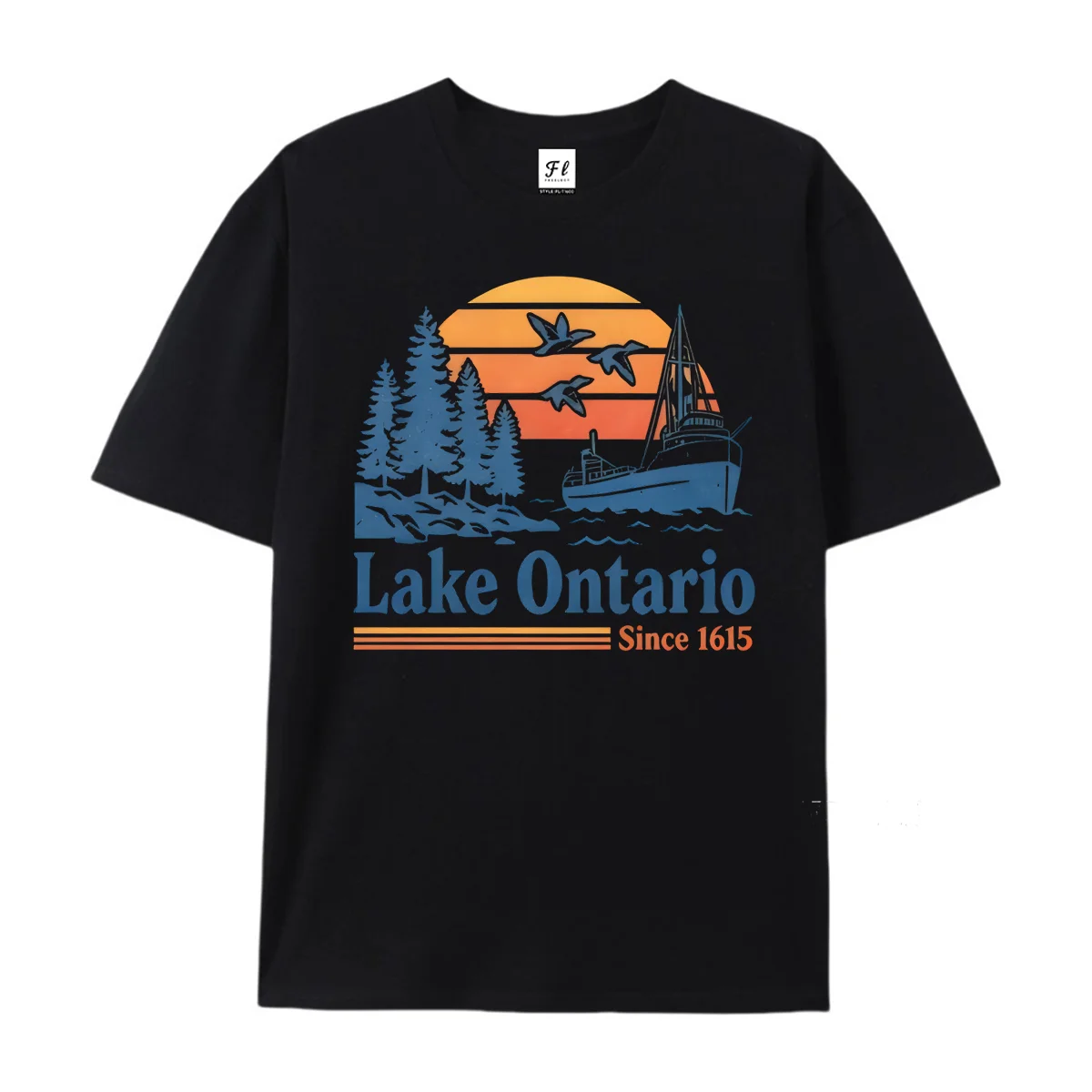 Women Oversized Round Neck T Shirt Vintage Lake Sunset Ship Pine Bird Graphic Short Sleeve Casual Summer Outdoor Print Loose Tee