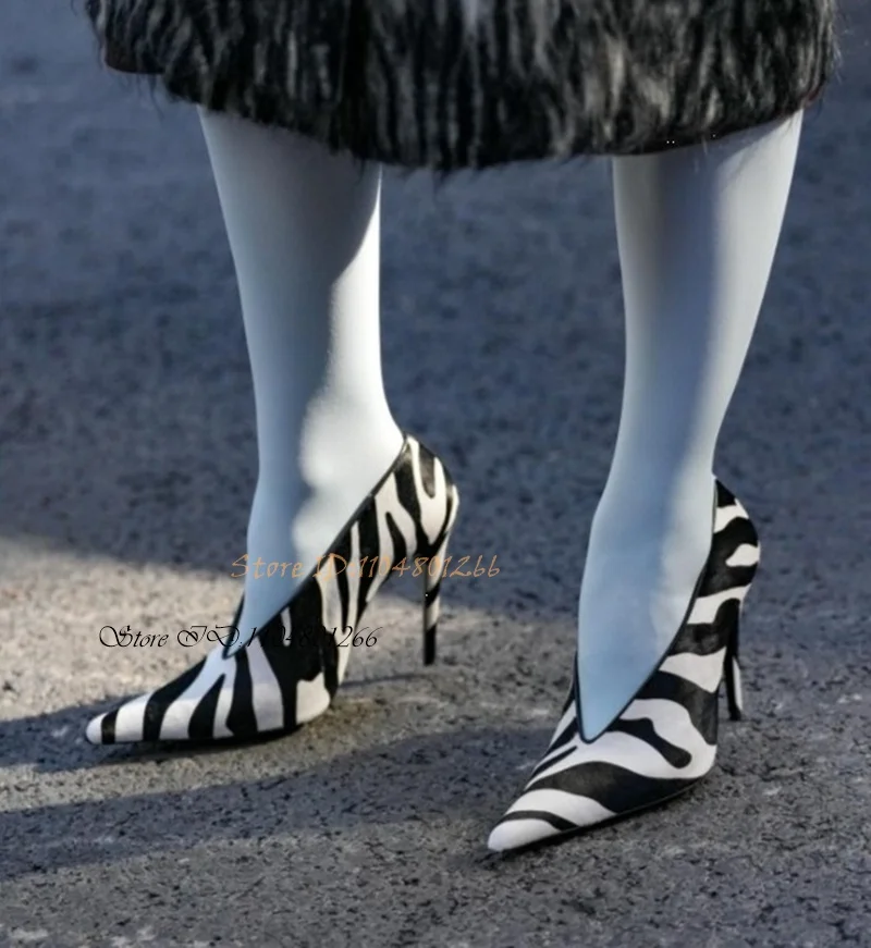 Zebra Pattern Print Leather Stiletto Pumps Pointed Toe Thin Heels Women's Spring Autumn Shallow Slip On Trending High Heels