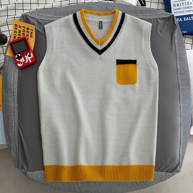Men's Preppy Style Sweater Vest V-Neck Sleeveless Sweater Vest Classic Fit Campus Pullovers Fashion Tank Tops