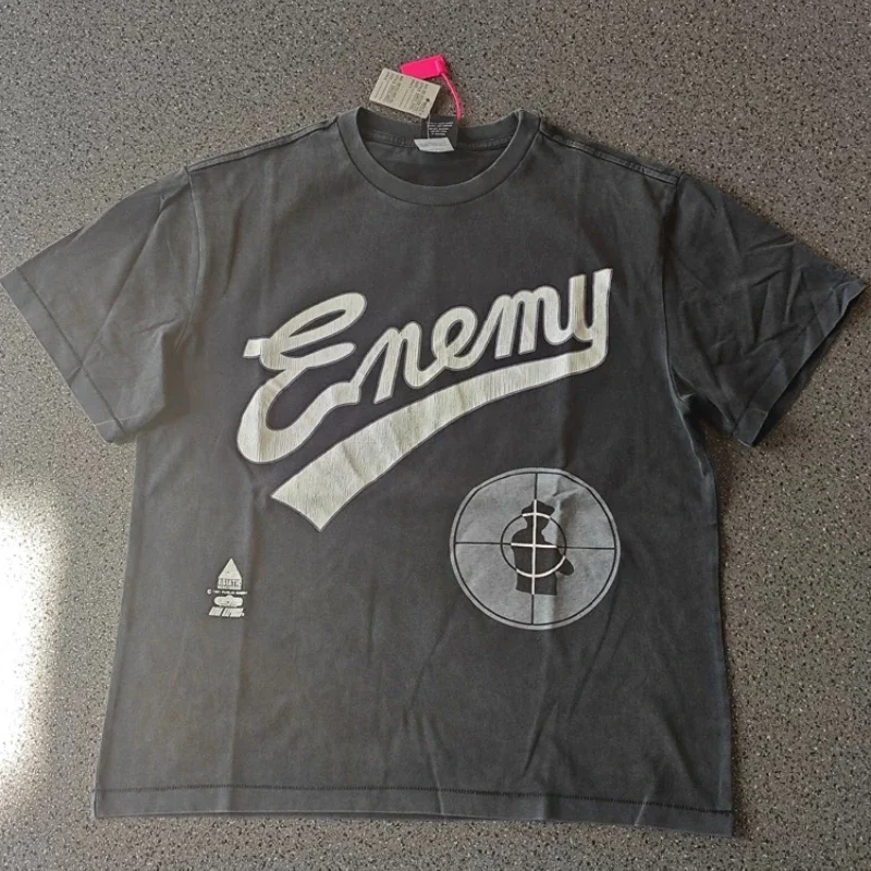 

2025ss Public Enemy Saint Michael Short Sleeves Men Women High Quality Casual Pure Cotton Oversized Washed Black Shirt