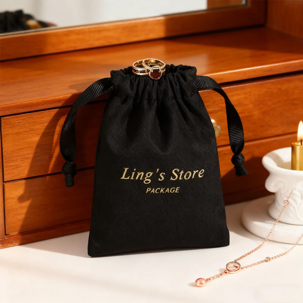 

50Pcs Personalized Logo Black Thick Cotton Jewelry Bag Canvas Muslin Drawstring Pouch with Ribbon Wedding Favors Gift Packaging