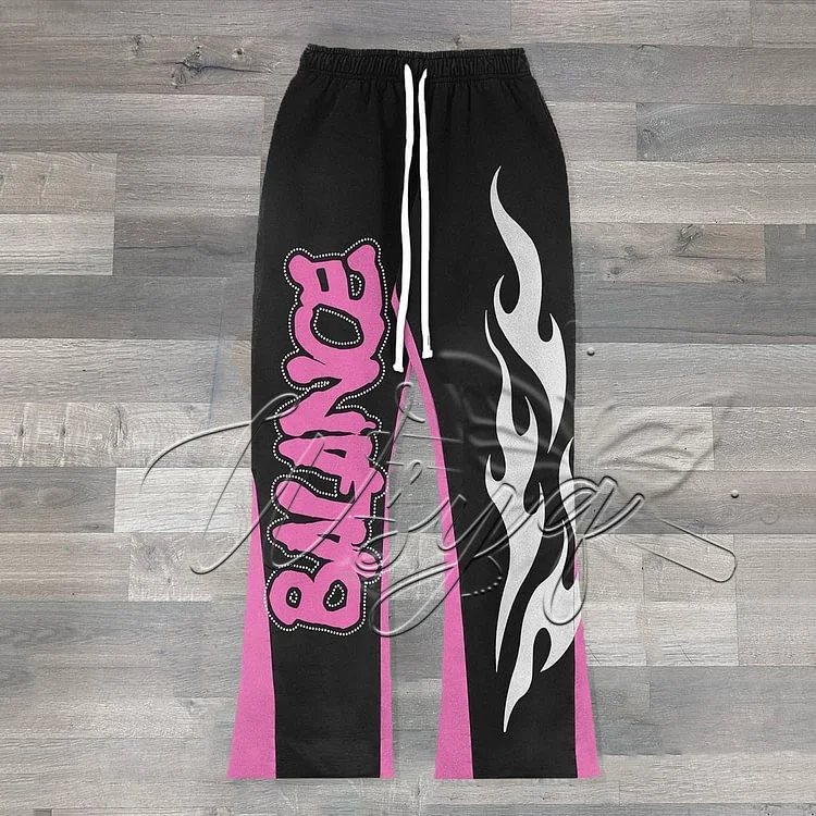 Unisex Flame Letter Print Quick Dry Straight Long Pants Men Women Hip Hop Sports Trousers Elastic Drawstring Loose Daily Pants