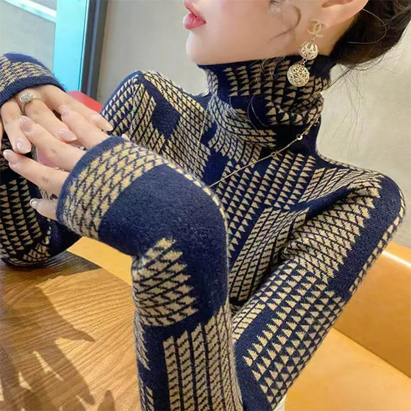 Autumn Winter New Chic Patchwork Turtleneck Slim Sweaters Women Clothing Fashion All-match Long Sleeve Knit Pullovers Lady Tops