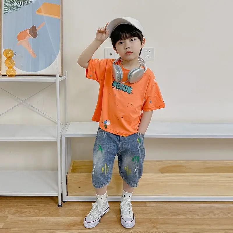 

Baby Summer Clothes Short Sleeve T-Shirts Jeans Shorts 2 Pieces Suit Fashion Kids Clothes Boys Loungewear Top and Bottom Clothes