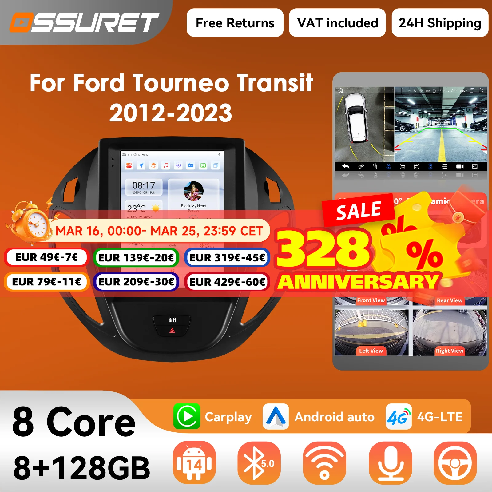 Autoradio sans fil Carplay Android 14, 9.7 pouces, pour Ford Transit Tourneo Courier 2013 – 2021, lecteur multimédia, GPS 360, caméra Autoradio