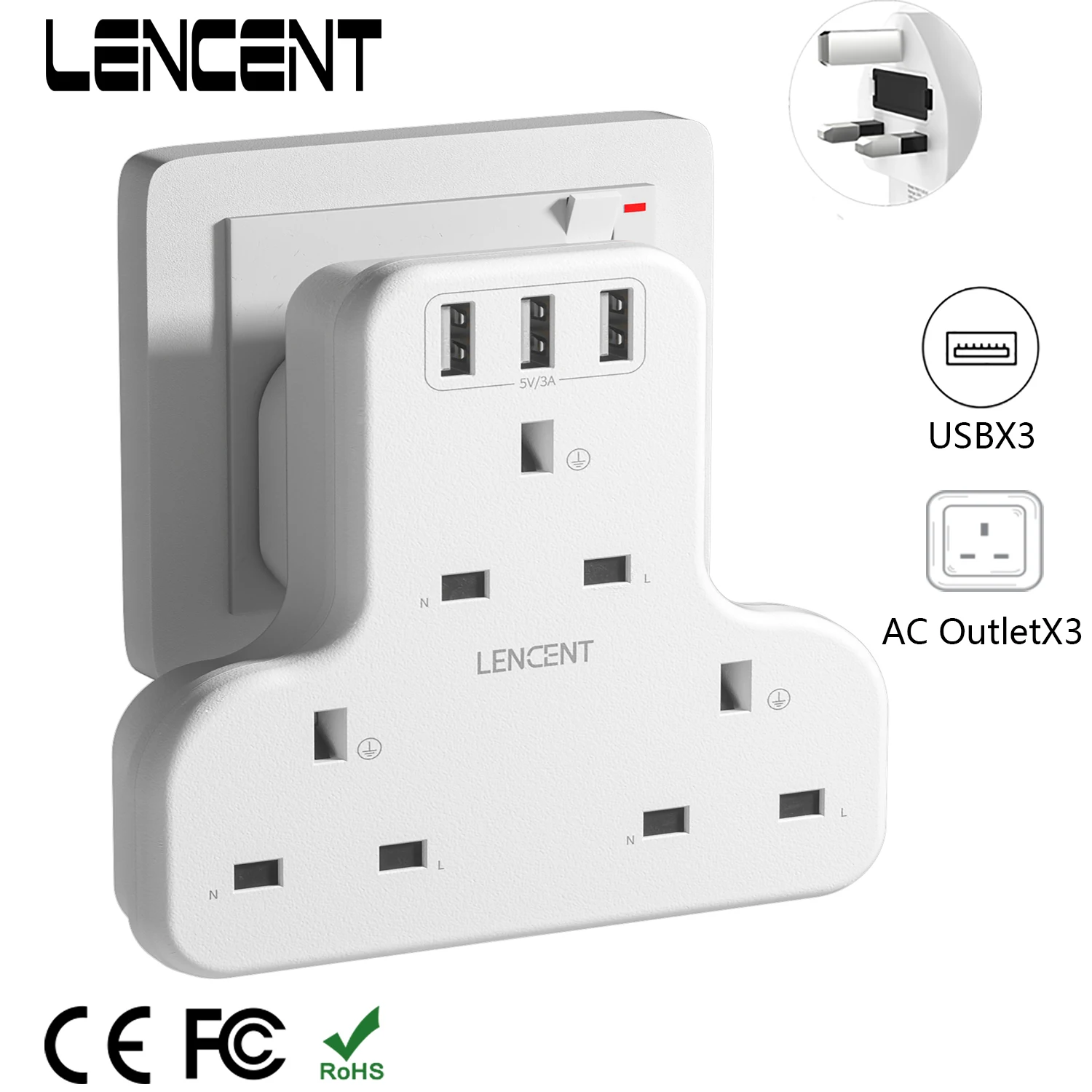 LENCENT Wall Socket Extender with 3AC Outlets 3 USB Ports 5V 2.4A 6-in-1 USB Outlet Plug Extender for Home/Office  13A 3250W