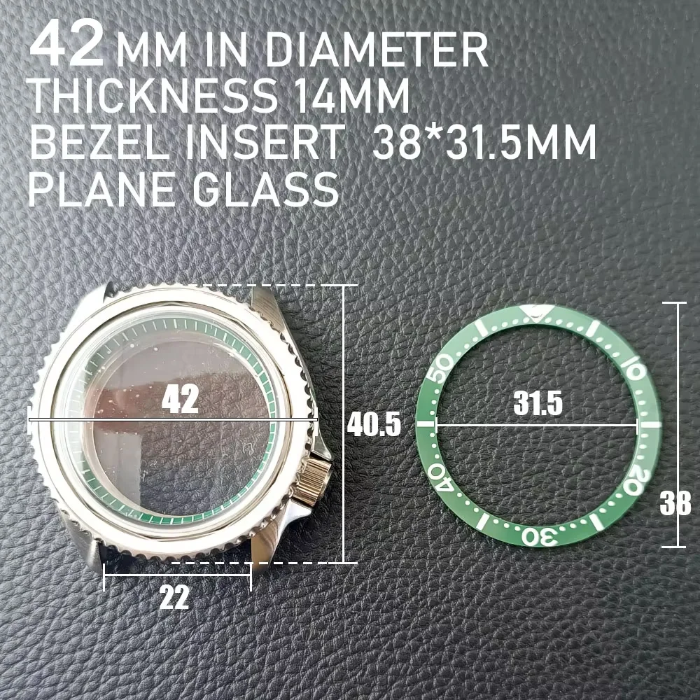 NH35 حالة 42 مللي متر ساعات رجالية فضي/أسود لديها حلقة الصلب حالة صالح NH35 NH36 صندوق ساعة الطلب الياقوت الطائرة الزجاج 22 مللي متر حزام