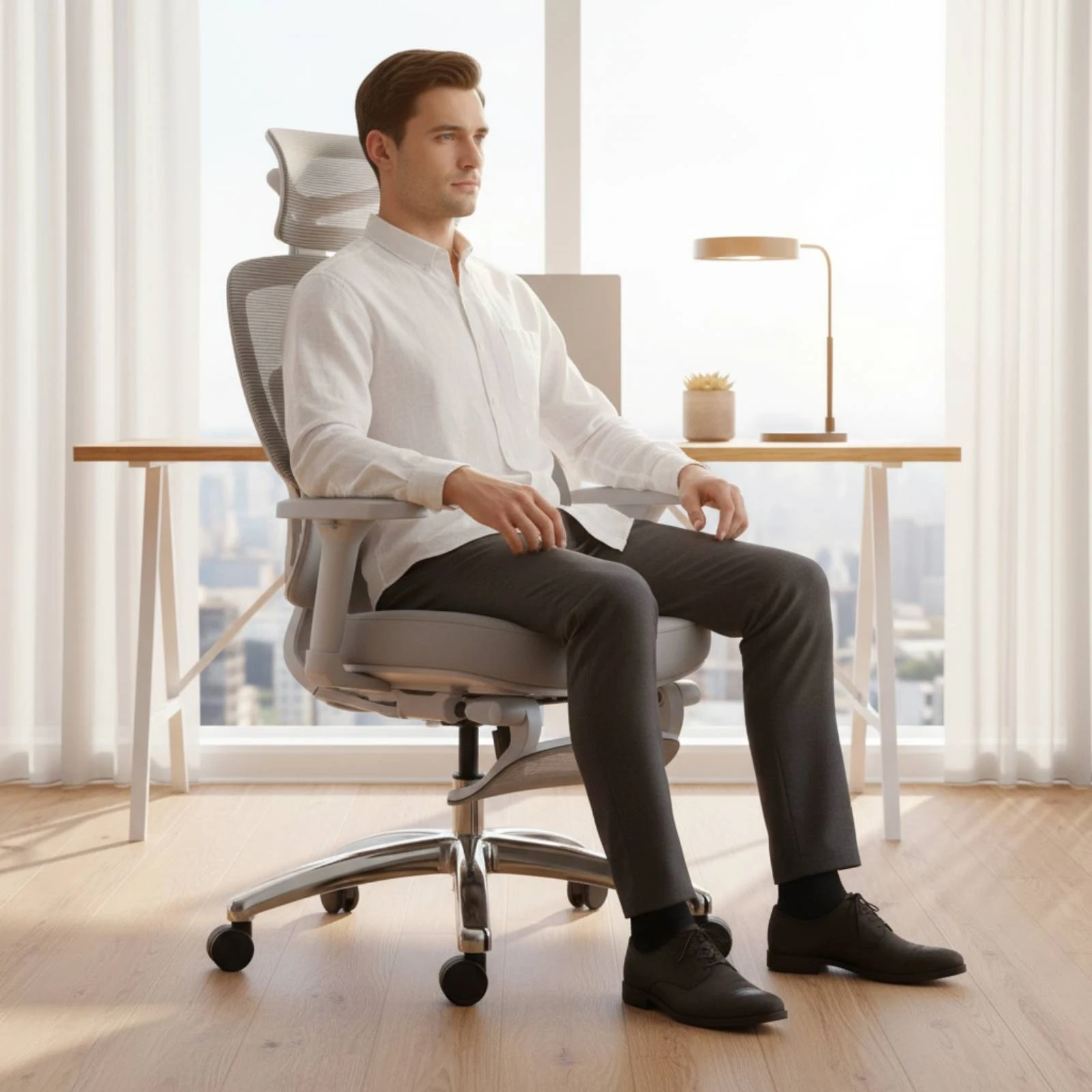 Ergonomic Office Chair Headrest Lumbar Support Chair Swivel Base Height Adjustable