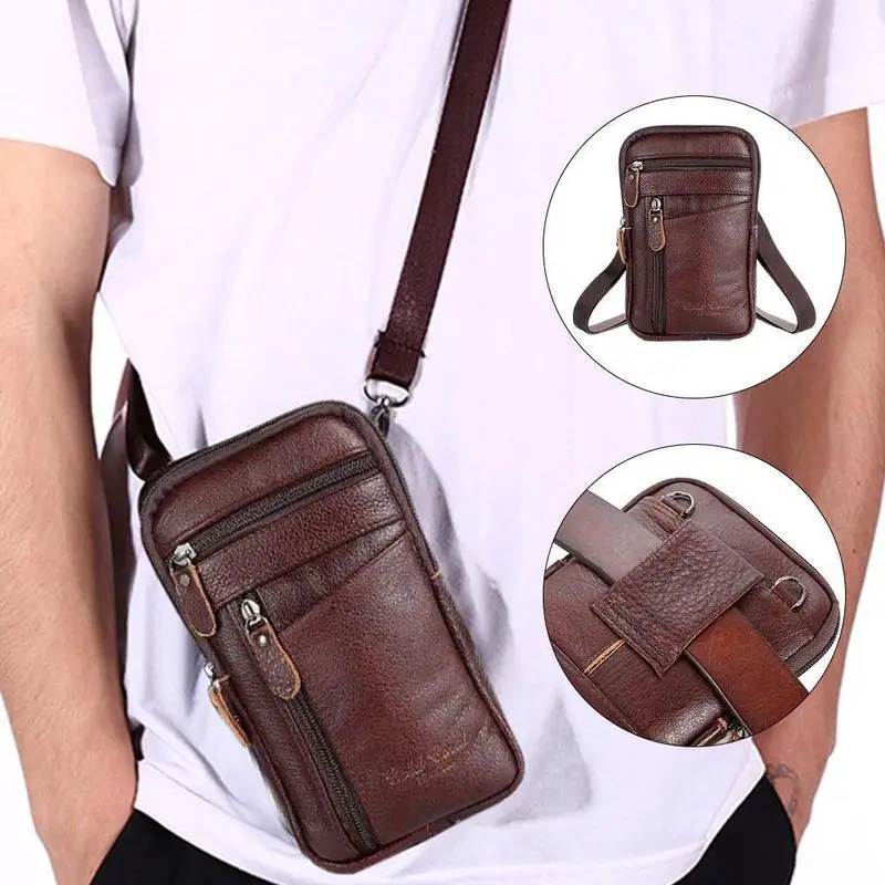 Vertical Genuine Leather Men's Phone Waist Bag Multi-Function Belt Clip Pouch with Anti-Theft Zipper Can Be Worn as Belt Bag