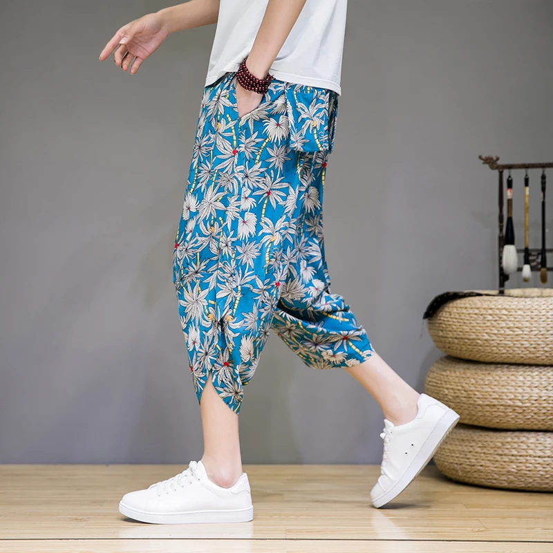 New 2024 Summer Calf-length Pants Breathable and Comfortable Loose Cool Ice Silk Casual Pants Beach Resort Printed Shorts