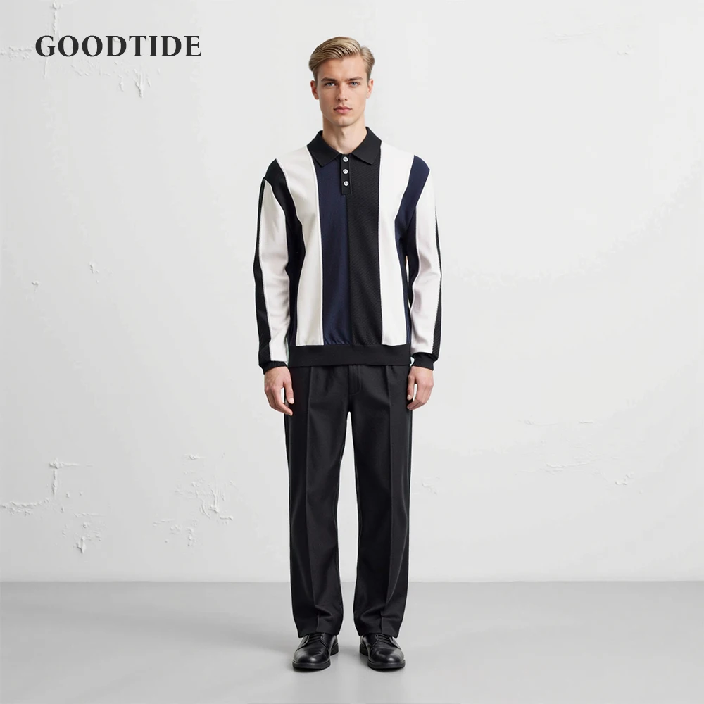 2025 Button Down Polo Shirt Men Solid Color Stripe Long Sleeve Fall Winter Luxury Warm Touch Business Casual Mens Polo Shirts