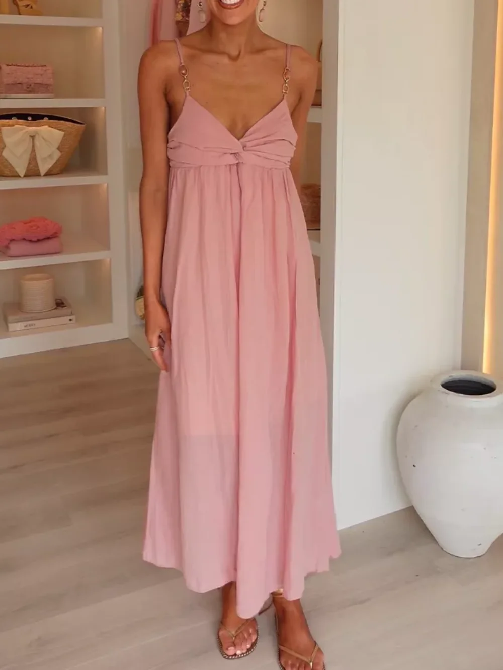 

Chic Metal Buckle Suspender Solid Pleated Women Dress Solid Loose Low Neck Dresses 2025 Summer Party Vacation Lady Long Robe