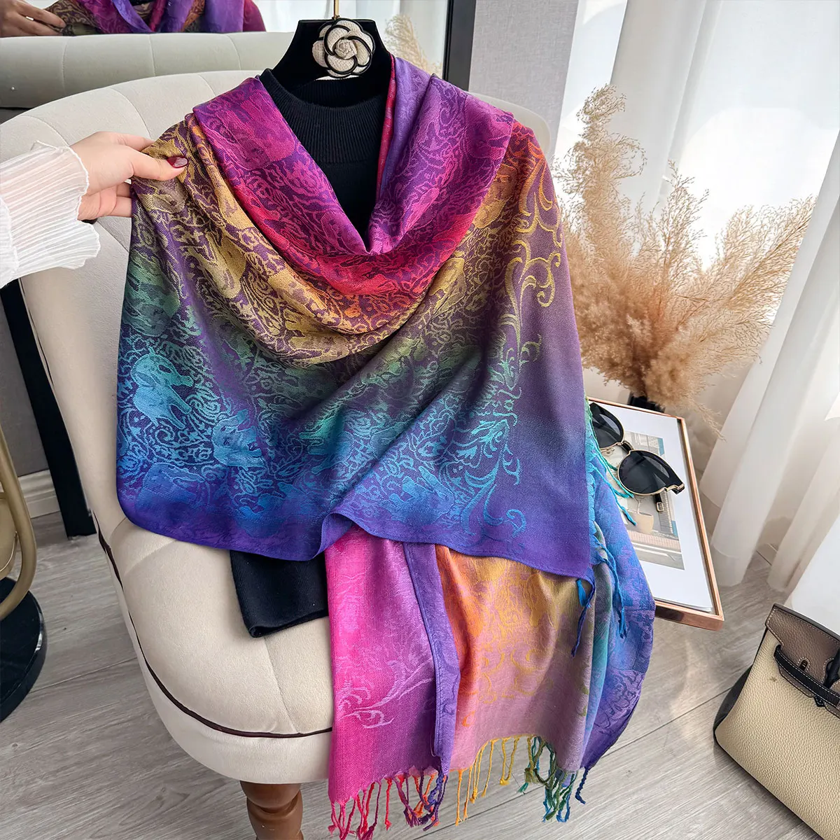 

Элитный бренд в богемном стиле, женский шарф, бандана из пашмины, длинный жаккардовый женский платок с принтом пейсли, защита от солнца, теплая шаль