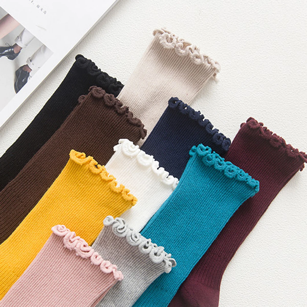 Women Ruffle Frilly Socks Black White Novelty Funny Ankle Socks Cute Solid Cotton Breathable Fashion Crew Sock