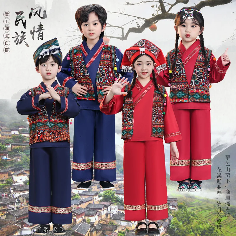 

Chinese Style Ethnic Clothing for Children Vintage Two-piece Set Girls Boys Show Stage Festival Party Hanfu Cosplay Clothes