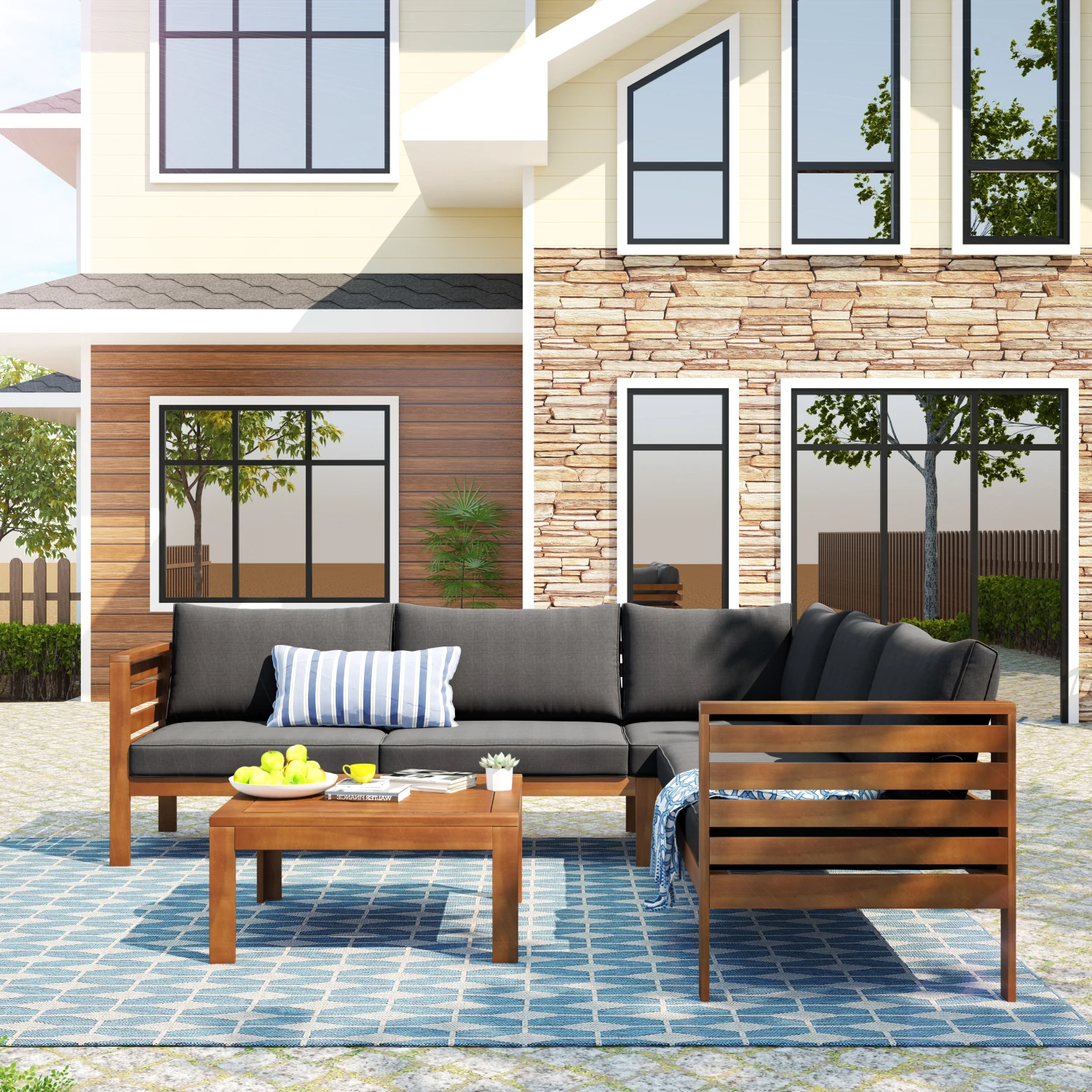 

GO Wood Structure Outdoor Sofa Set Gray Cushions Water-resistant UV Protected Acacia Wood Metal Accessories