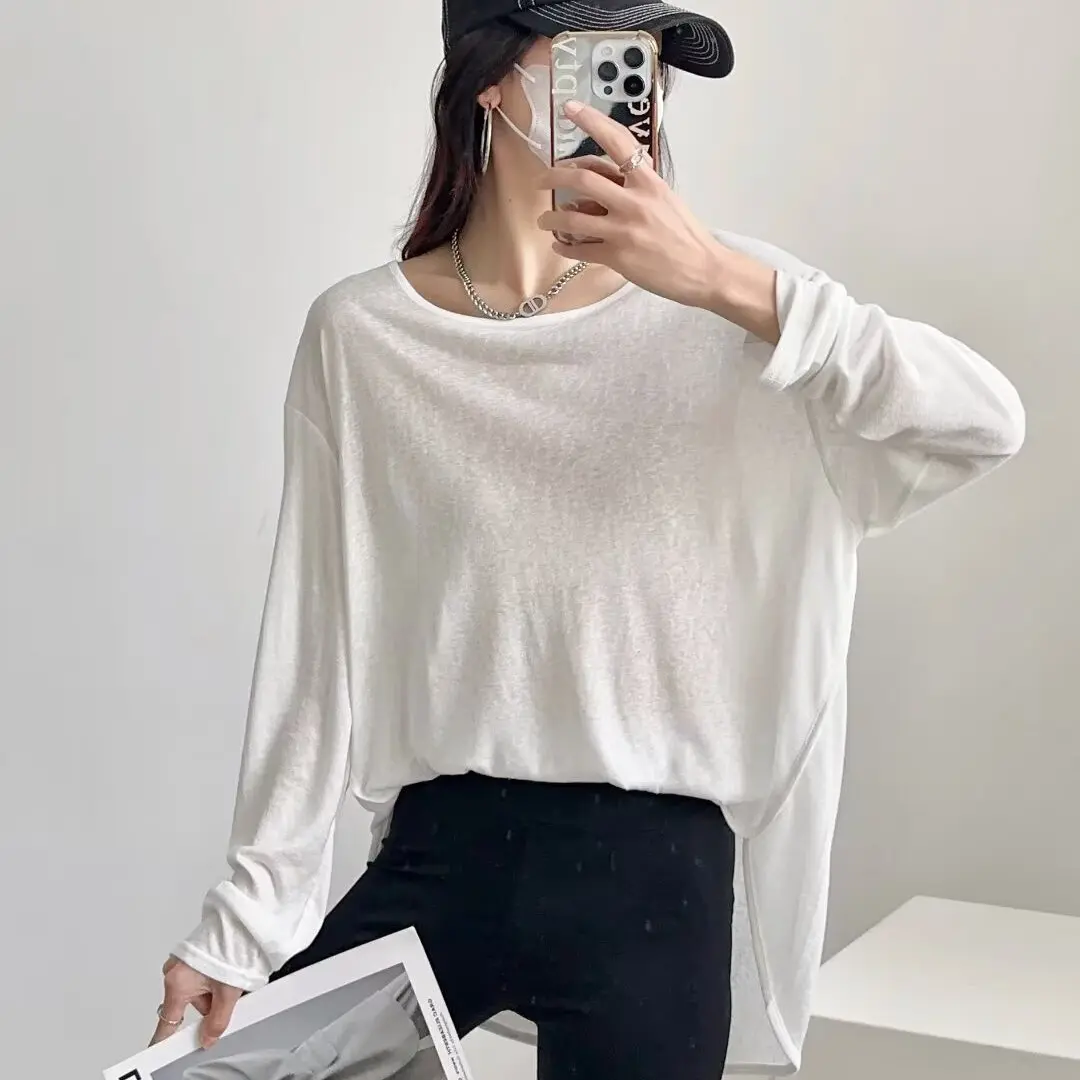 오버사이즈 루즈핏 여성용 긴팔 티셔츠 얇고 통기성 좋은 스트릿 스타일 여름 상의 레이지 캐주얼 루즈핏 햇빛 가리개 셔츠