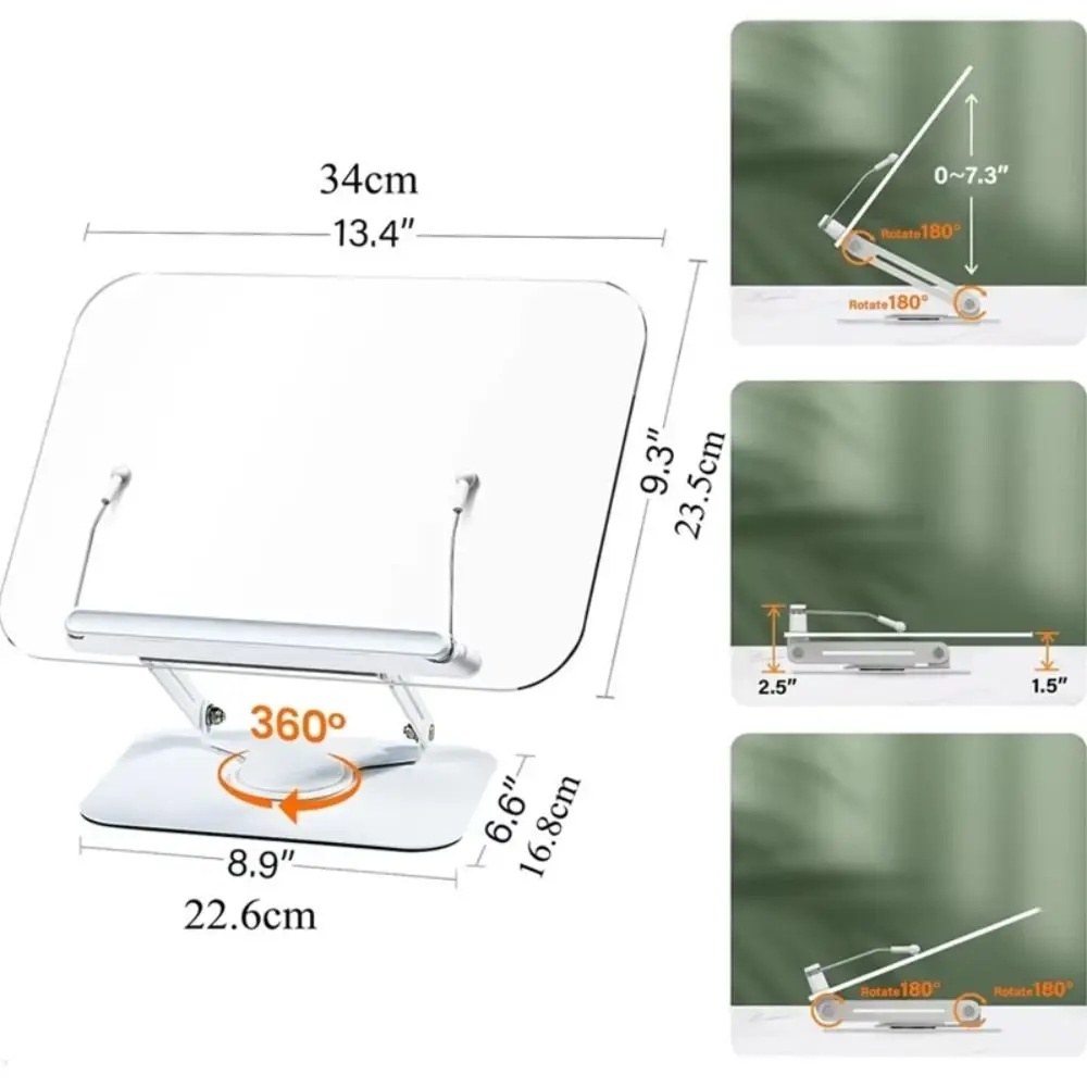 

6PCS/Set Acrylic Reading Rack Transparent with Elastic Page Clips Adjustable Book Holder 360° Rotation Foldable Reading Stand