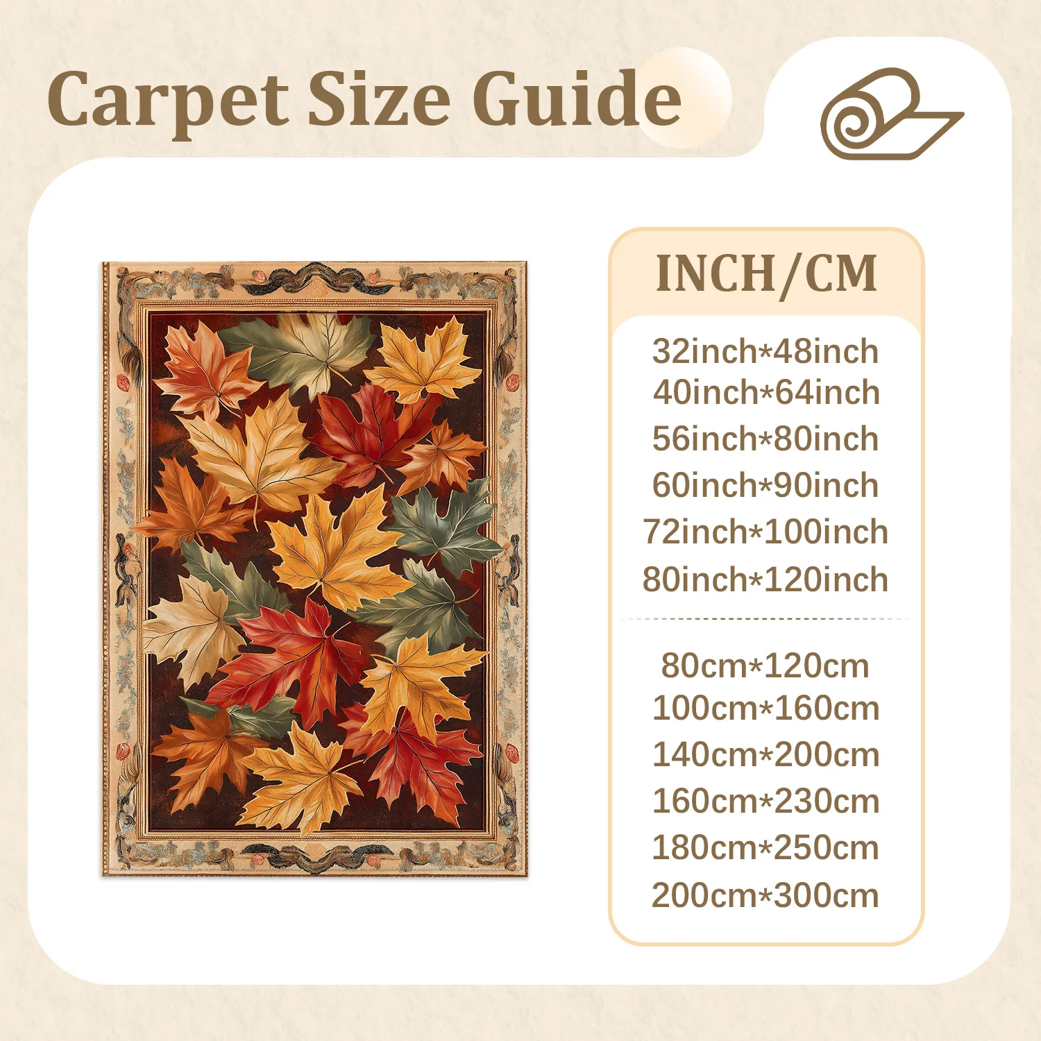 Large Indoor Area Rug Soft Velvet Low Pile Non-Slip Dotted Backing Machine Washable, Autumn Maple Leaves Pattern in Warm Red Gold Green Tones, Great for Living Room Bedroom Entryway Home Decor