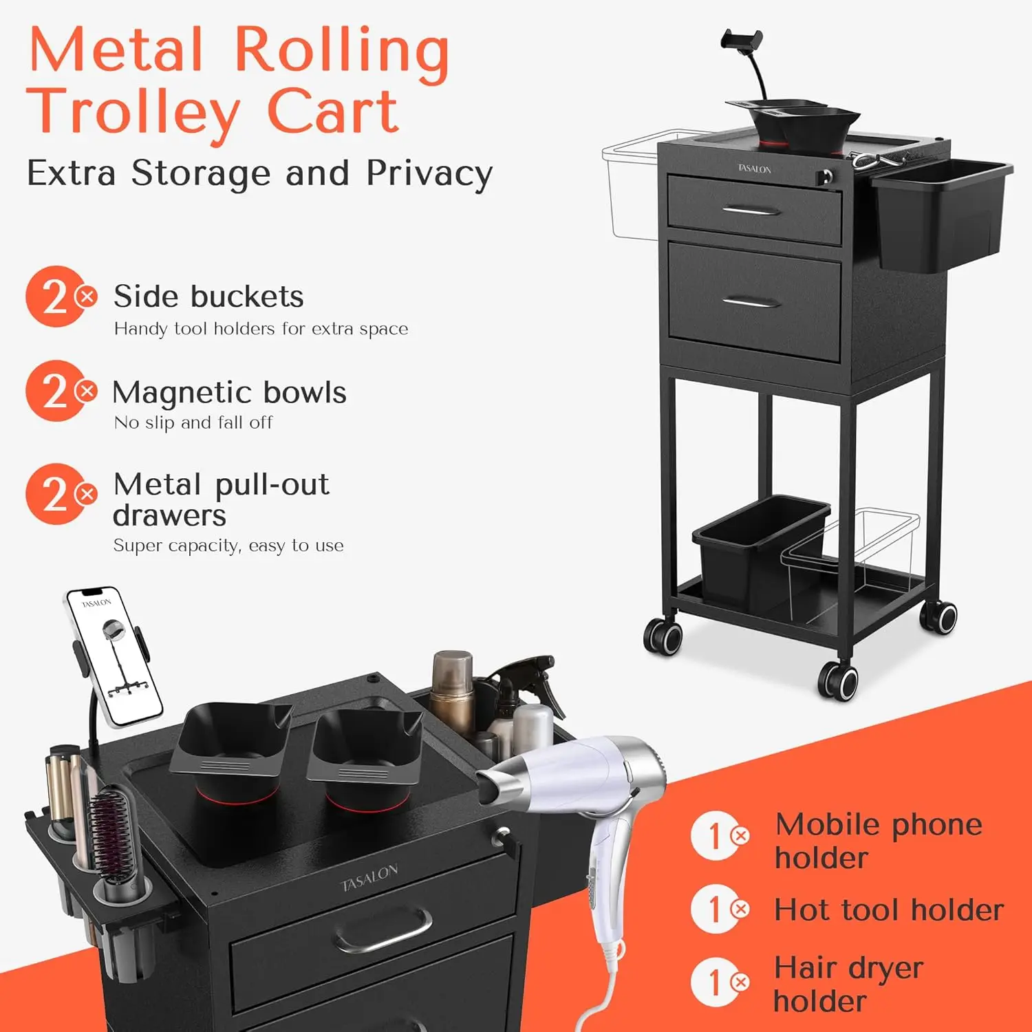 New Upgrade Salon Metal Trolley Cart for Salon Station - Space Saving Salon Rolling Cart with 2 Magnetic Bowls– Beauty C