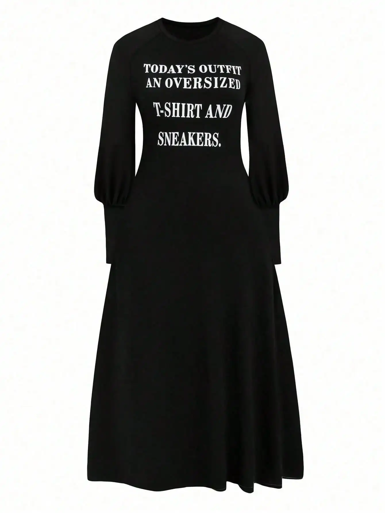 

Plus Size Black Maxi Dress with Lantern Sleeves and Bold Slogan Print