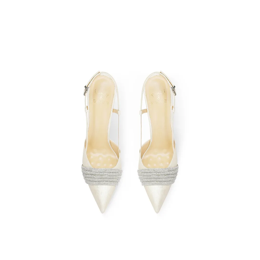 White Pointed Toe High Heel Sandals Open Back Closed Toe Thin Heel Formal Sandals Advanced Texture Match Dresses Cheongsams