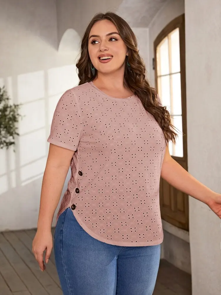 

2024Fashion European and American plus Size Women's Clothes Breathable Top Hollow Curved HemTT shirt