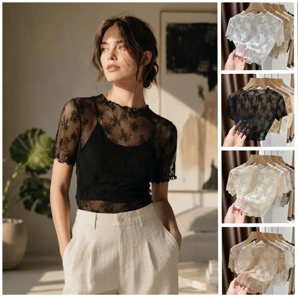 Cool Nylon Lace Short Sleeve Top Short Sleeve Breathable Hollow Out Layering Tee Thin Light Fabric Sheer Mesh Blouse Women