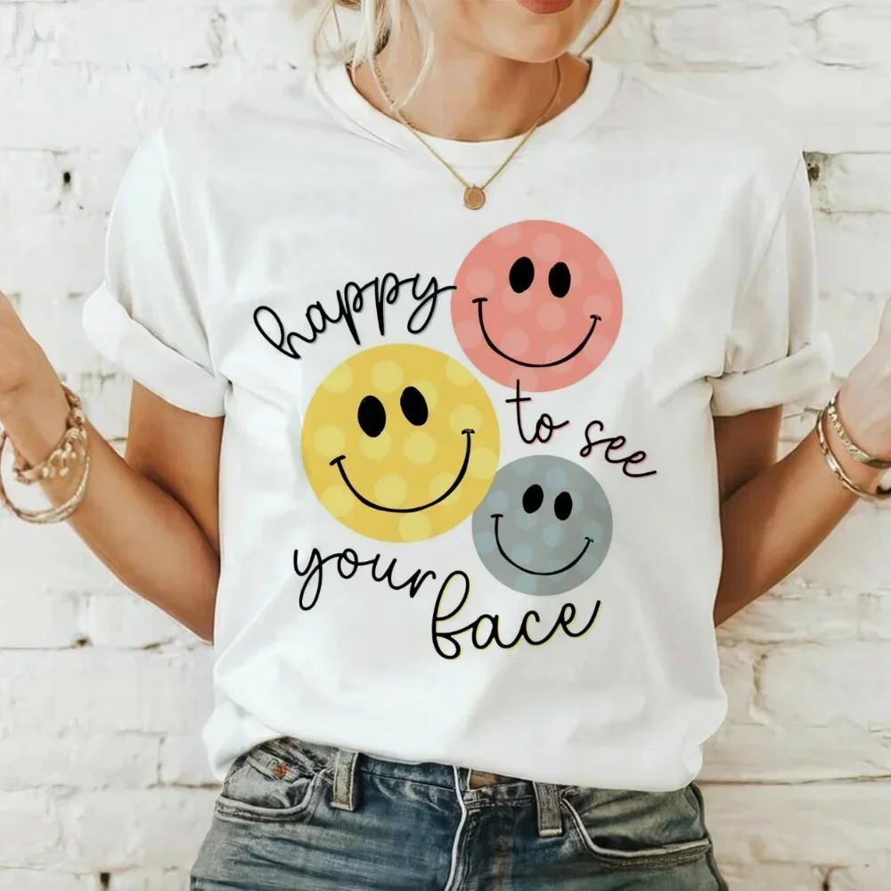 Happy To See Your Face Teacher Life Printed T-Shirt Fashion Cute Women\'s Summer Short Sleeved Casual Style Top Summer T-Shirt