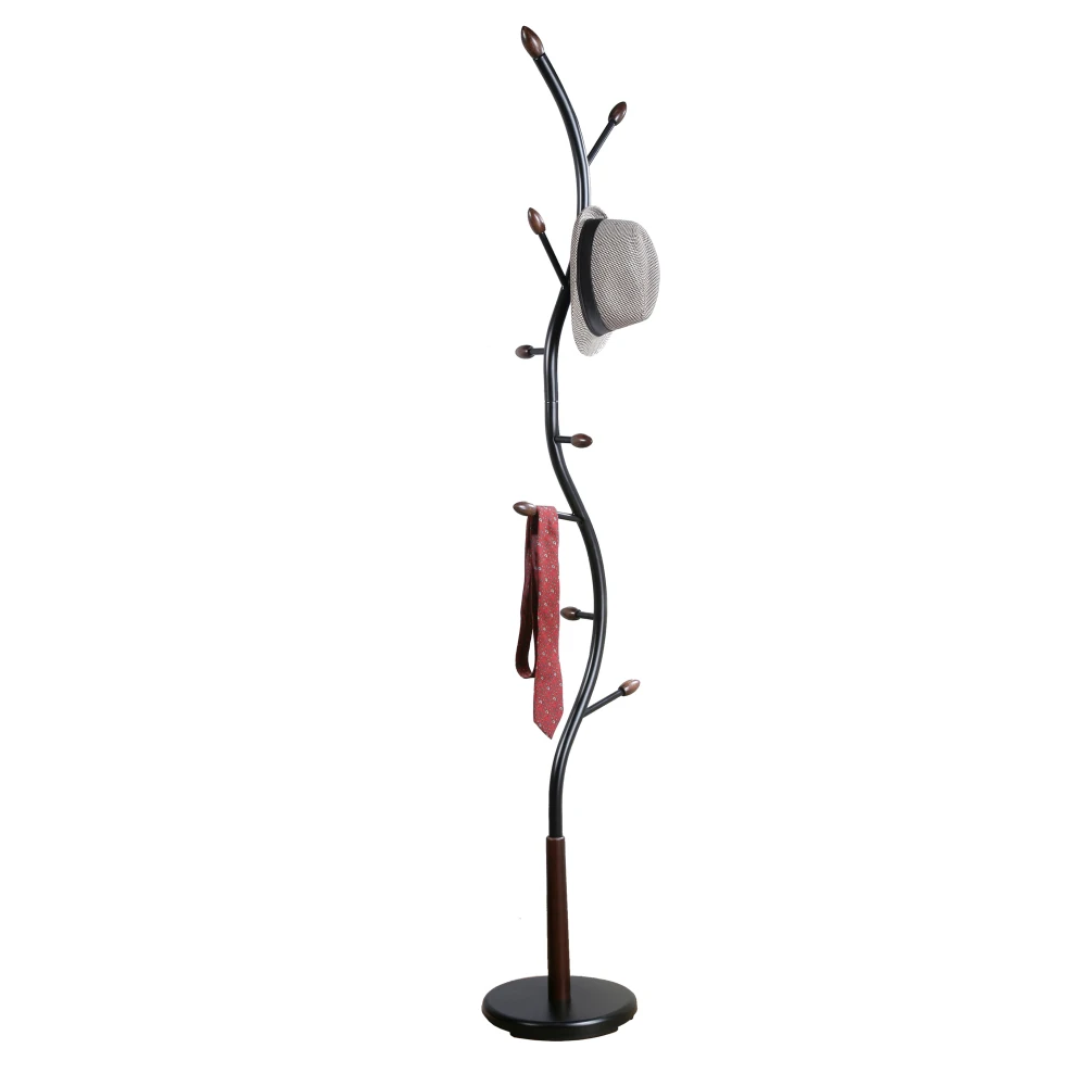 

US Stock Arles Metal Black and Walnut Standing Coat Rack 11"W X 11"D X 74.8"H 9 Hooks in Various Positions