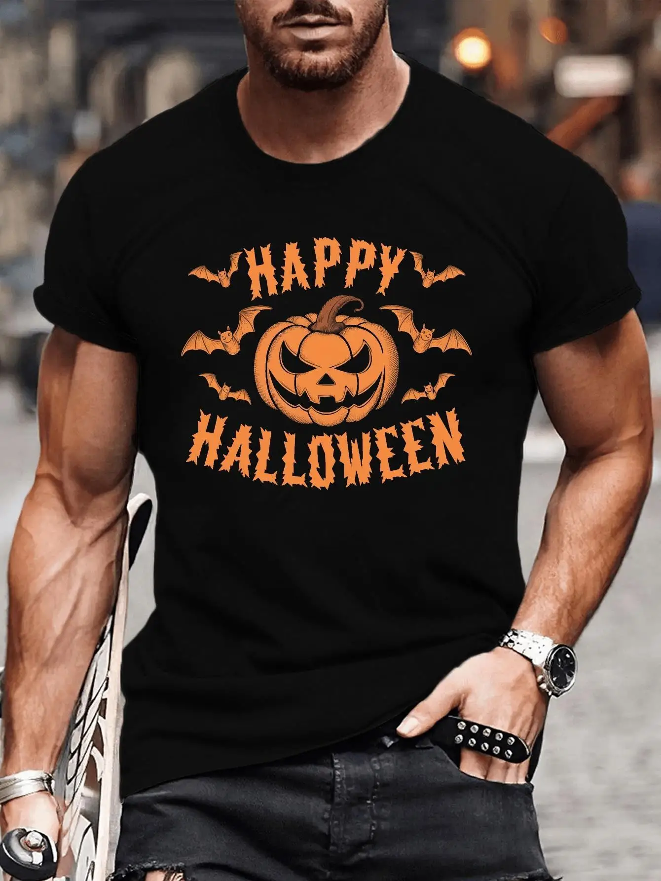 Men's Halloween Graphic T-Shirt Featuring Pumpkin Lanterns and Bats - Comfortable Crew Neck Short-Sleeve Shirt Made from Soft, Breathable Fabric - Perfect for Halloween Parties, Trick-Or-Treating, and Autumn Festivals
