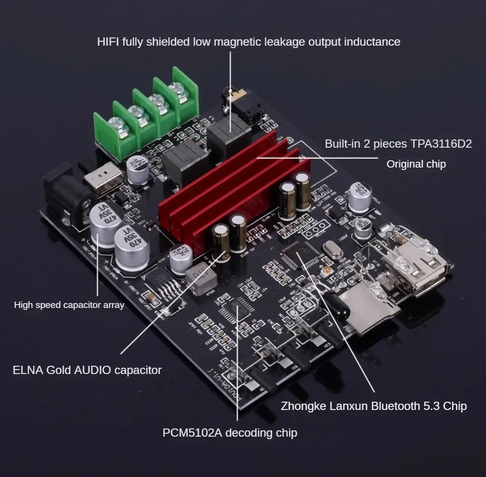 TPA3116D2 Bluetooth 5.3 Stereo Power Amplifier Board 100W+100W USB Flash Disk PCM5102 Decoding Lossless Player