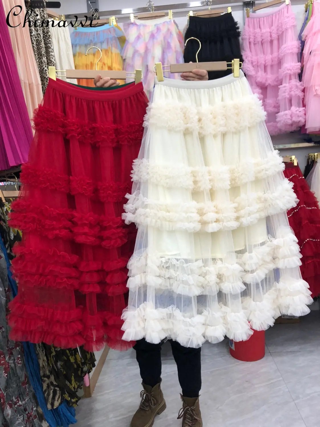 

High-End Heavy Lace Cake Tulle Skirt 2026 Spring Fairy Sweet Girl High-Waisted A-Line Ruffled Mesh Mid-length Skirt Fashion