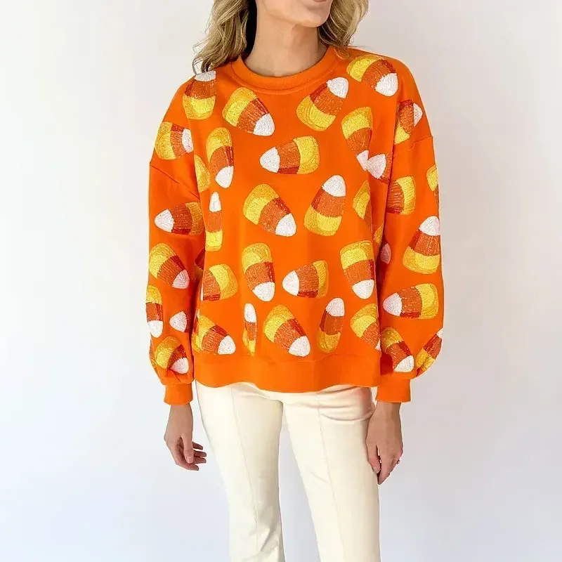 Candy Corn Print Sweatshirt for Women Fall Crewneck Long Sleeve Pullover Tops