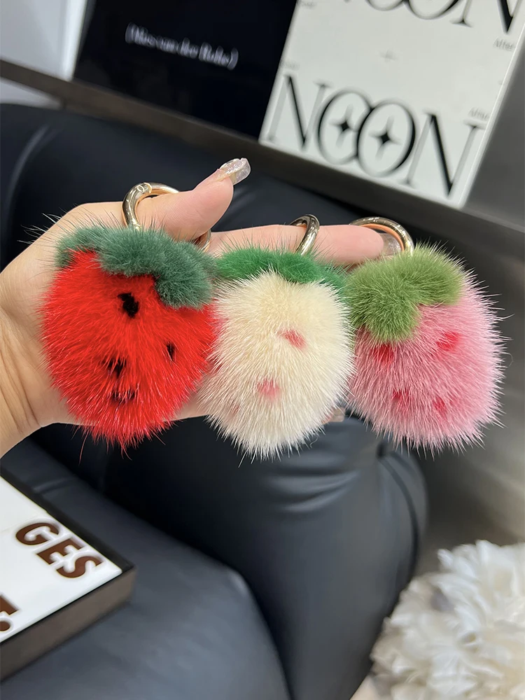 Mini Cute Strawberry Real Mink Fur Key Chains Plush Ball Toy Women\'s Bag Charm Ornaments Car Keyring Trinkets Cell Phone Pendant