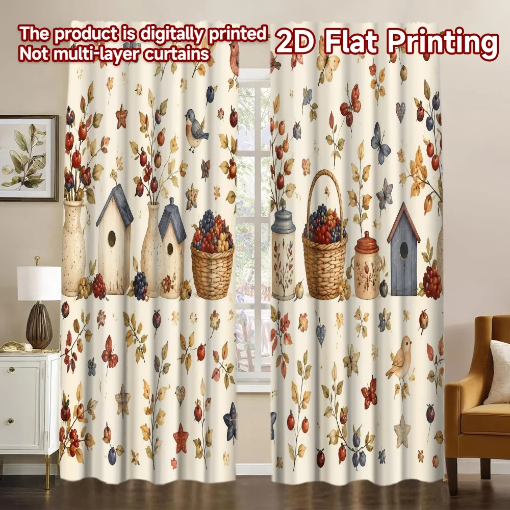 2D FLAT PRINTING 2pcs Curtains (Without Rod) Autumn Birds and Berries Popular Curtains&Window Treatment Machine Washable Fabric
