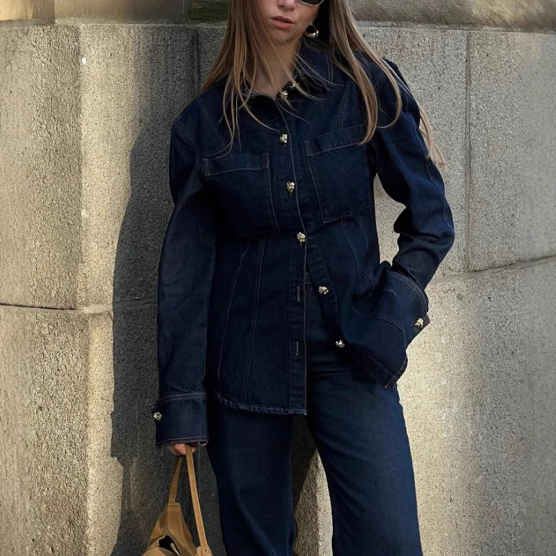 

Simple and Trendy Solid Color Single Breasted Denim Jacket and Pants Set