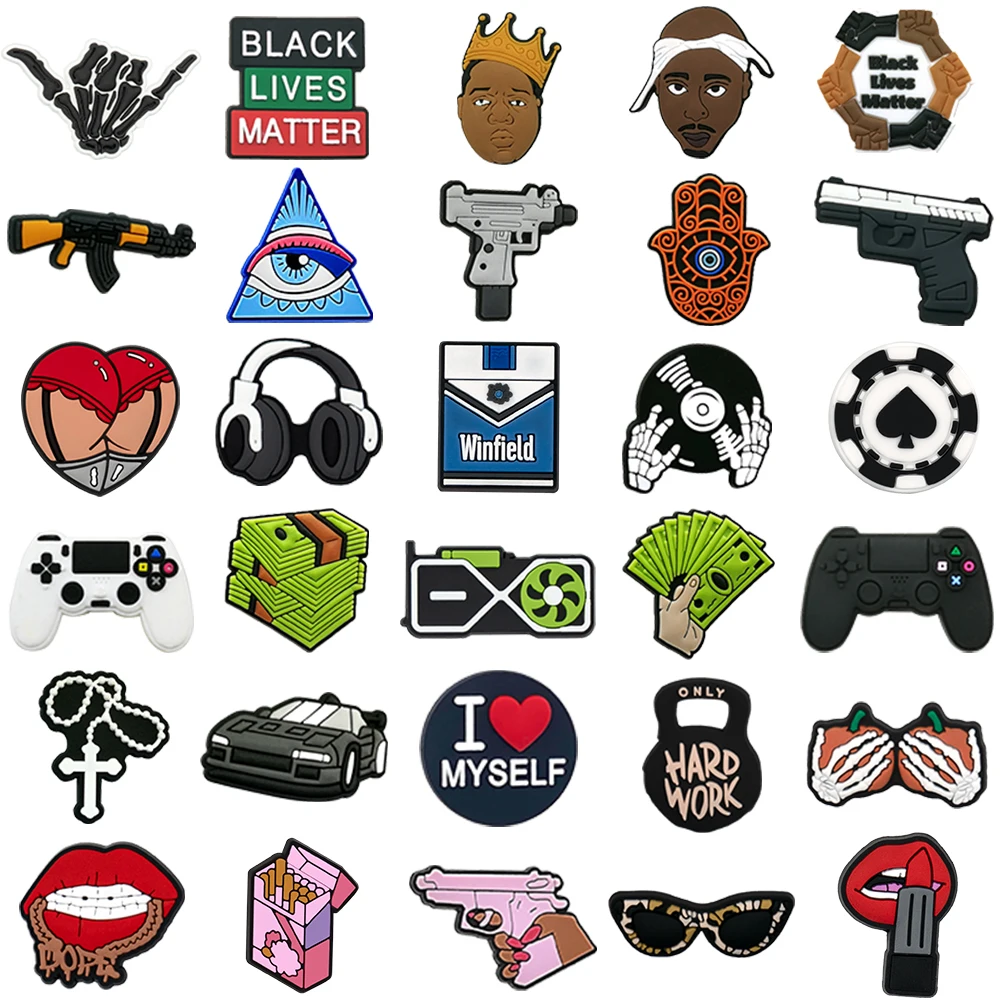 1/30pcs Trends Hood Gun Shoe Charms for Men Boys Shoe Accessories Pins Fashion HipHop Singer Game Controller Dollar Clogs Buckle image 2
