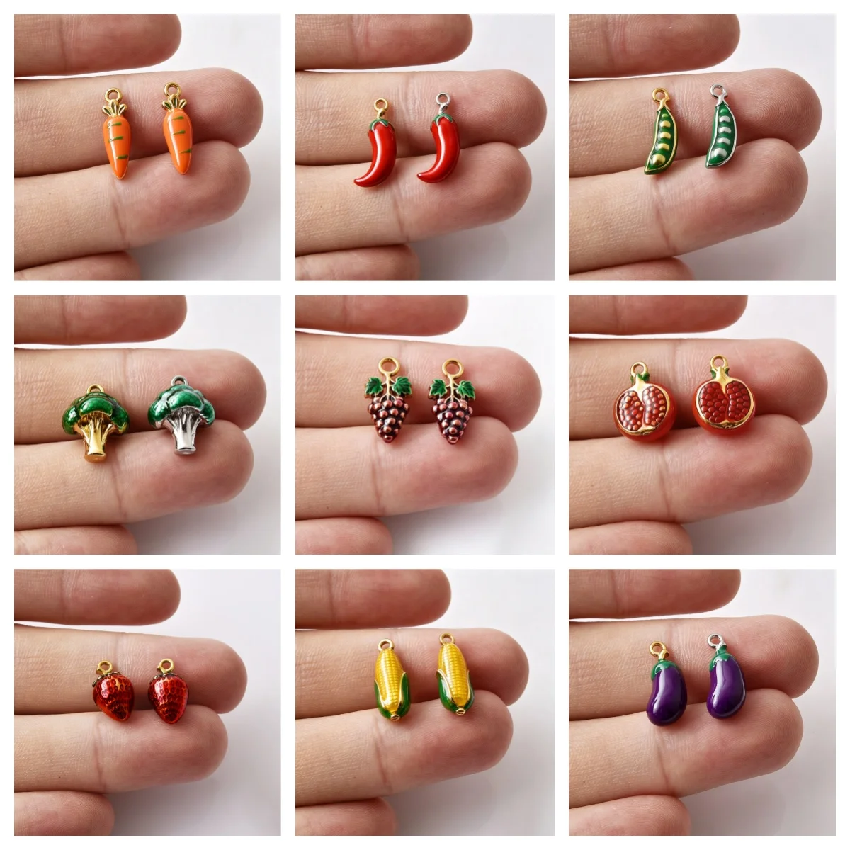 2pcs Enamel 3D Stainless Steel Vegetables Fruit Pendants Carrot Eggplant Corn Pepper Grap Charms Beads Fit Original Bracelet DIY