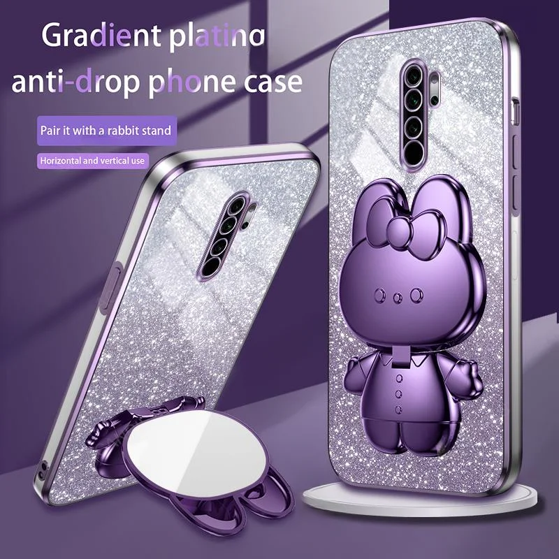 Cute 3D Rabbit Makeup Mirror Stand Plating Soft Case For Xiaomi Redmi Note 8 Pro 2021 Protect Glitter Back Cover On Note8 8pro