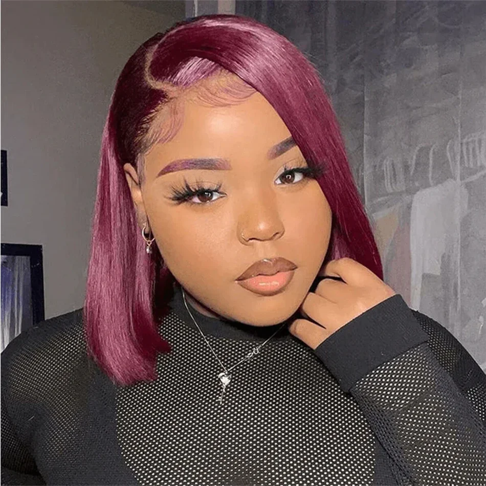 Brazilian Dark 99J Burgundy Short Bob Wigs 13x4 Lace Frontal Straight Virgin Hair Wig 4x4 Transparent Lace 100%  Human Hair Wig