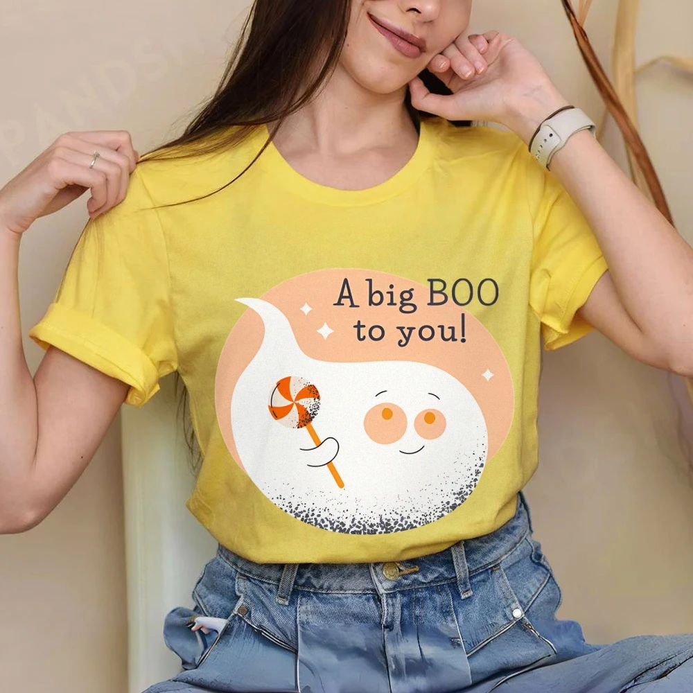 Y2K 코튼 캐주얼 여성 티셔츠 반팔 라운드 넥 장착 컬러 풀 한 귀여운 만화 할로윈 유령 A Big BOO To You