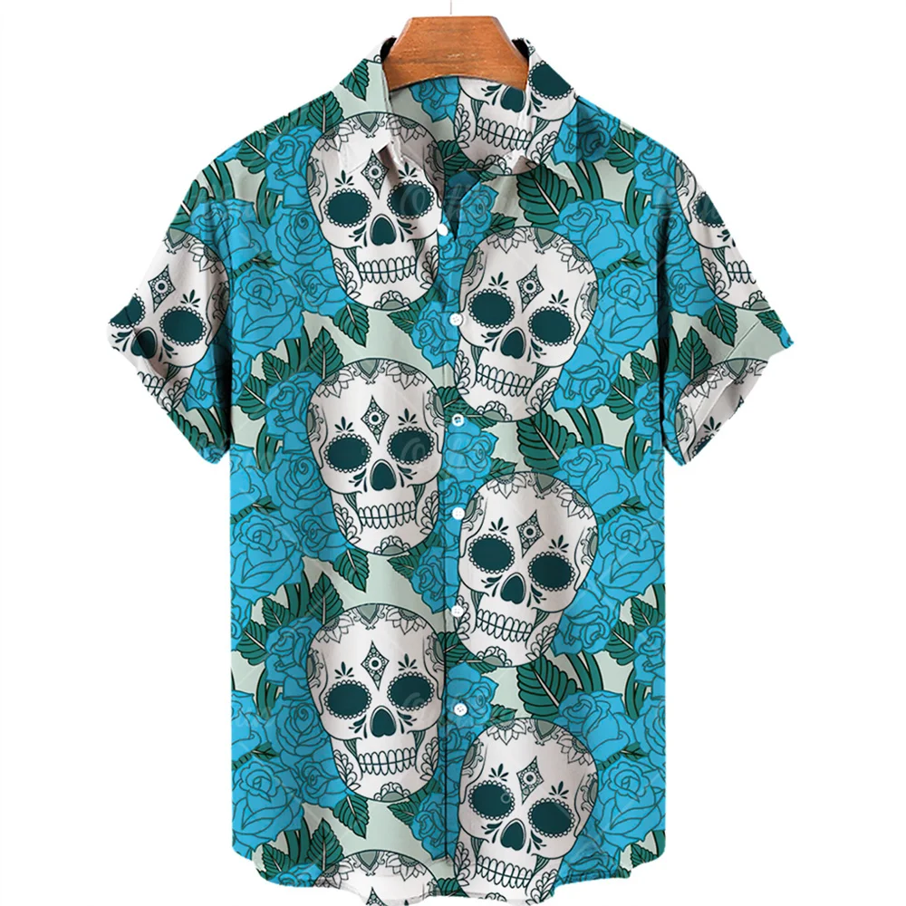 Skull Print Hawaiian Shirt Men Summer Short Sleeve Loose Beach Breathable Hip Hop Harajuku Top Oversize 5XL