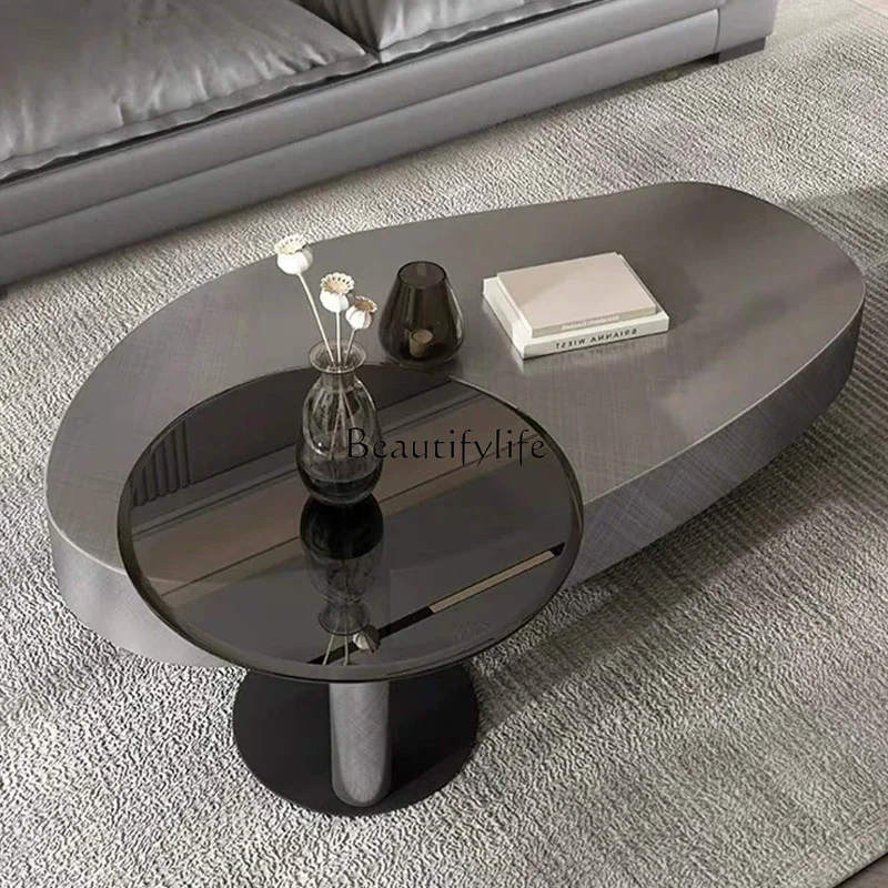 

1LItalian light luxury stainless steel oval coffee table modern simple small apartment living room