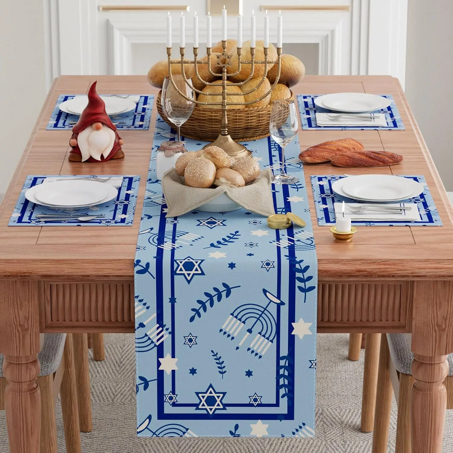 Happy Hanukkah Menorah Linen Table Runner Jewish Party Decor Chanukah Six-Pointed Star Olive Leaf Dining Table Runner Home Decor