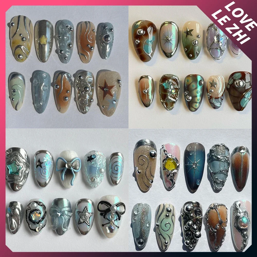 

Металлический эллипс Y2K, Европейский миндаль, ручная работа, пресс на ногти, механический кибер стиль, звезда, бриллиант, полное покрытие, накладной ноготь