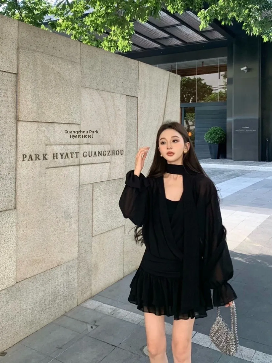 

ay Sa Cross V-Ne Long Sve Dr Women Early Autumn Elegance Chiffon ort Skirt Ladylike A-Line Skirt Faion Set