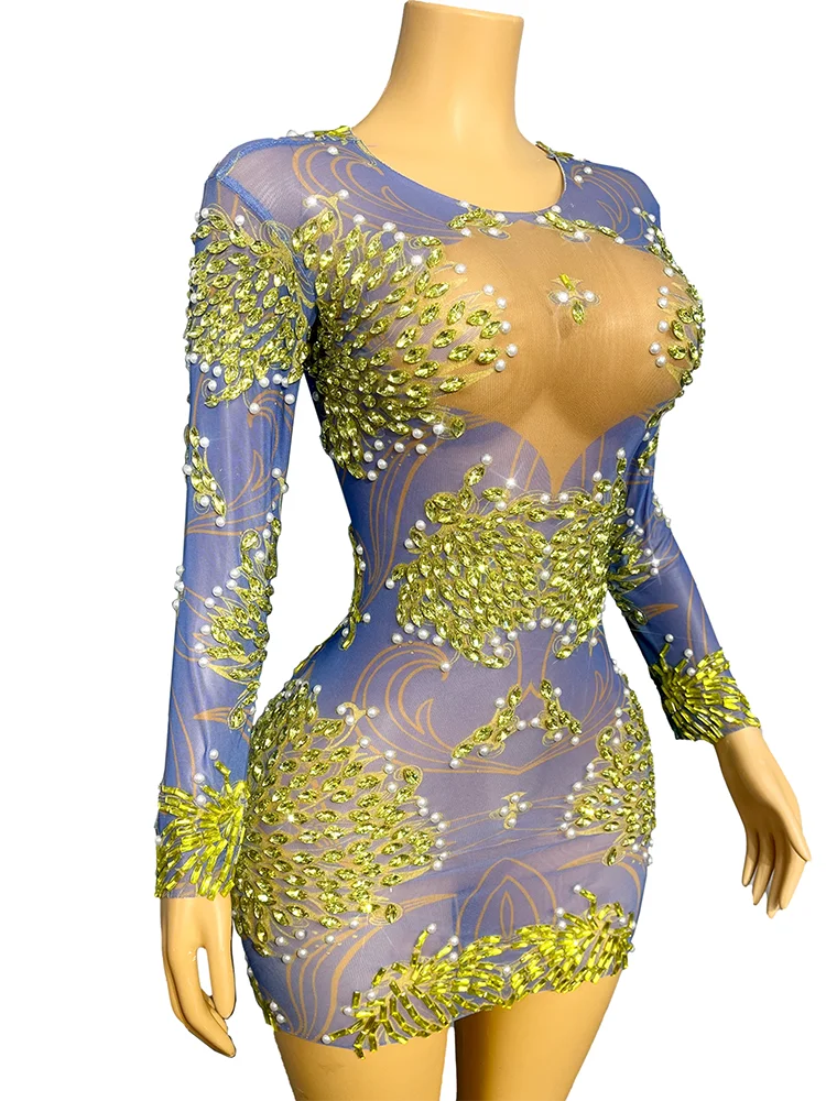 Sukienka na studniówkę z idealną figurą, cyrkoniami, perłami, seksowna, modelująca, z siateczki, damska, na urodziny, na wieczorne wyjście, na pokaz, kostium sceniczny.